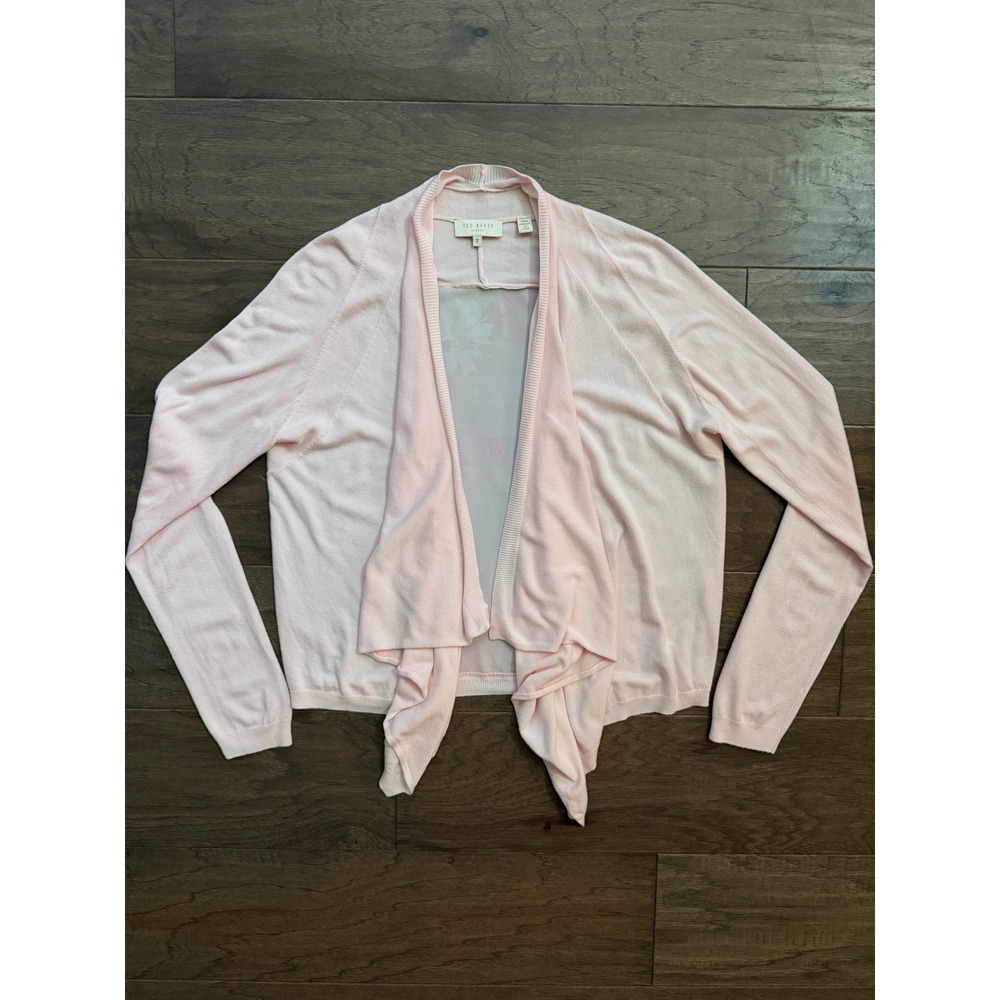 Ted Baker Herinne Pink Floral Back Draped Open Front Cardigan Size 2 US 6